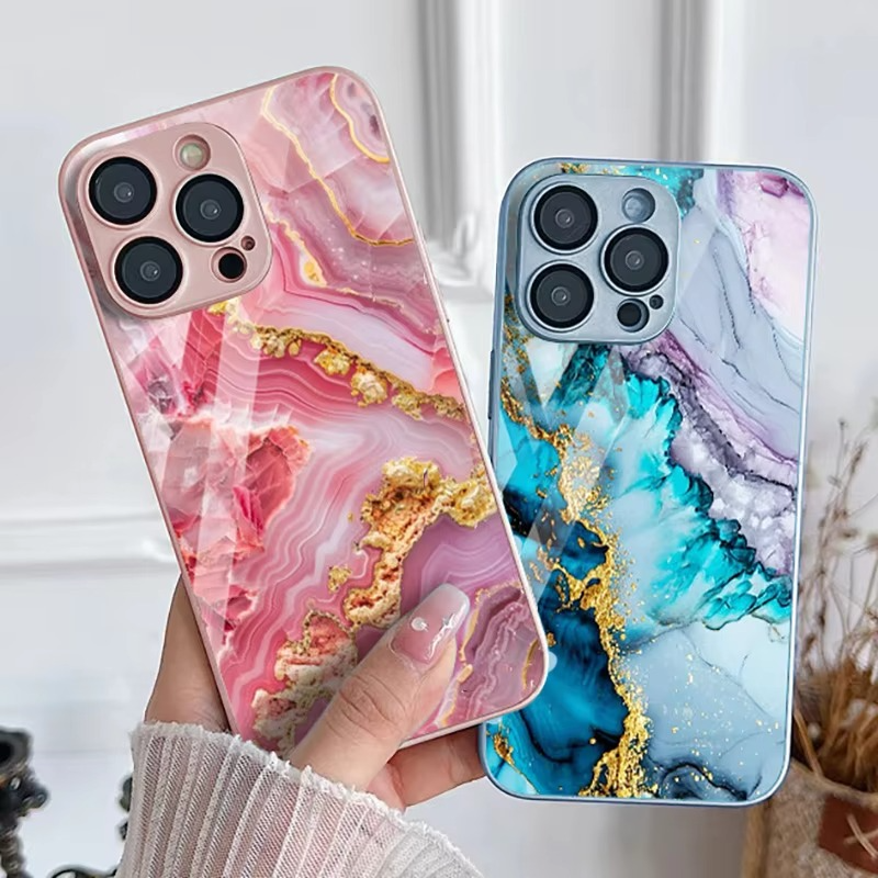 Luxury iPhone Case Shockproof Marble Pattern — Tempered Glass Cover, Anti-Scratch, Dustproof, Lightweight, Geometric & Pictorial Design