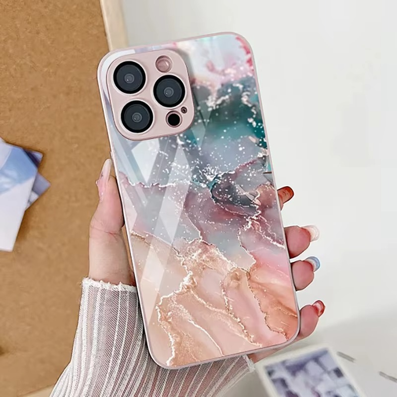 Luxury iPhone Case Shockproof Marble Pattern — Tempered Glass Cover, Anti-Scratch, Dustproof, Lightweight, Geometric & Pictorial Design