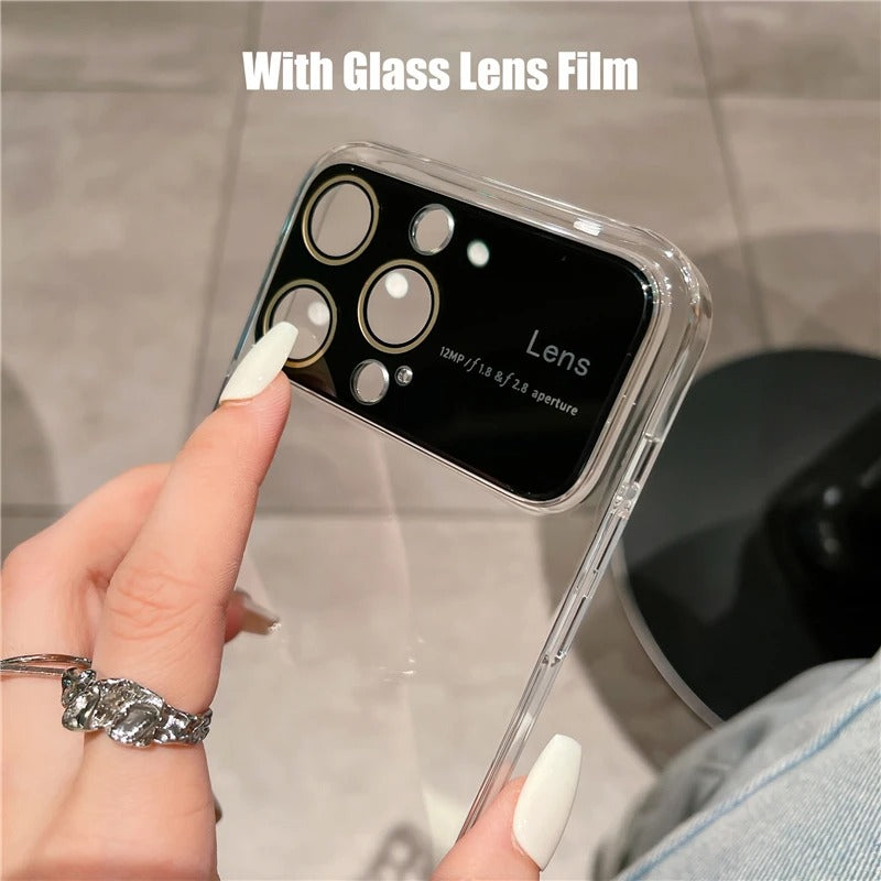 Luxury iPhone Case Tempered Glass Camera Protection — Transparent Acrylic Hard Cover, Plated Edges, Slim Shockproof Design, Scratch-Resistant Clear Finish