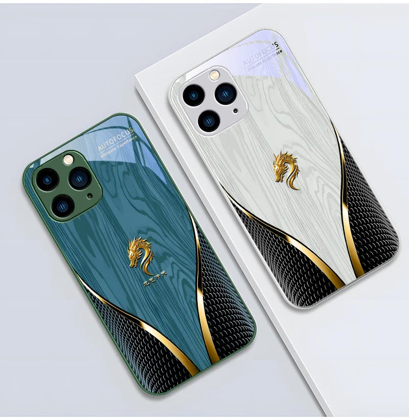 Luxury iPhone Case Wood Grain Dragon Rose Design — Tempered Glass Back Cover, Shockproof PC+TPU Frame, Scratch-Resistant Anti-Fingerprint Protection
