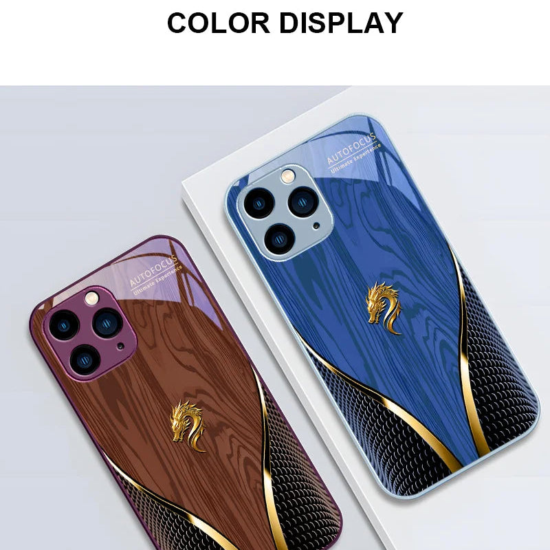 Luxury iPhone Case Wood Grain Dragon Rose Design — Tempered Glass Back Cover, Shockproof PC+TPU Frame, Scratch-Resistant Anti-Fingerprint Protection