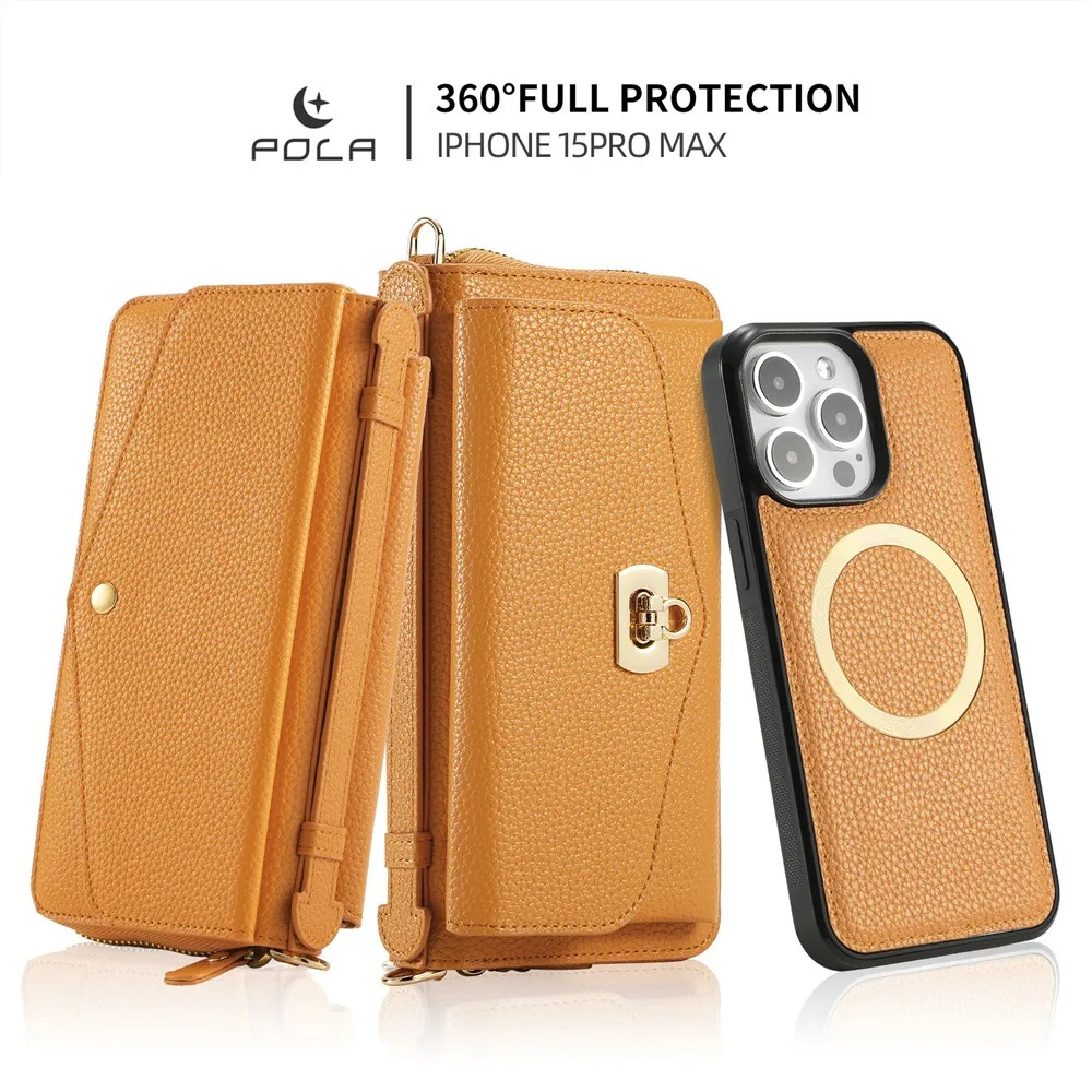 Luxury iPhone Case — 2-in-1 Detachable Leather Wallet Cover with Zipper Card Slot, Crossbody Lanyard, Magnetic Closure and Dual-Layer Protective Design