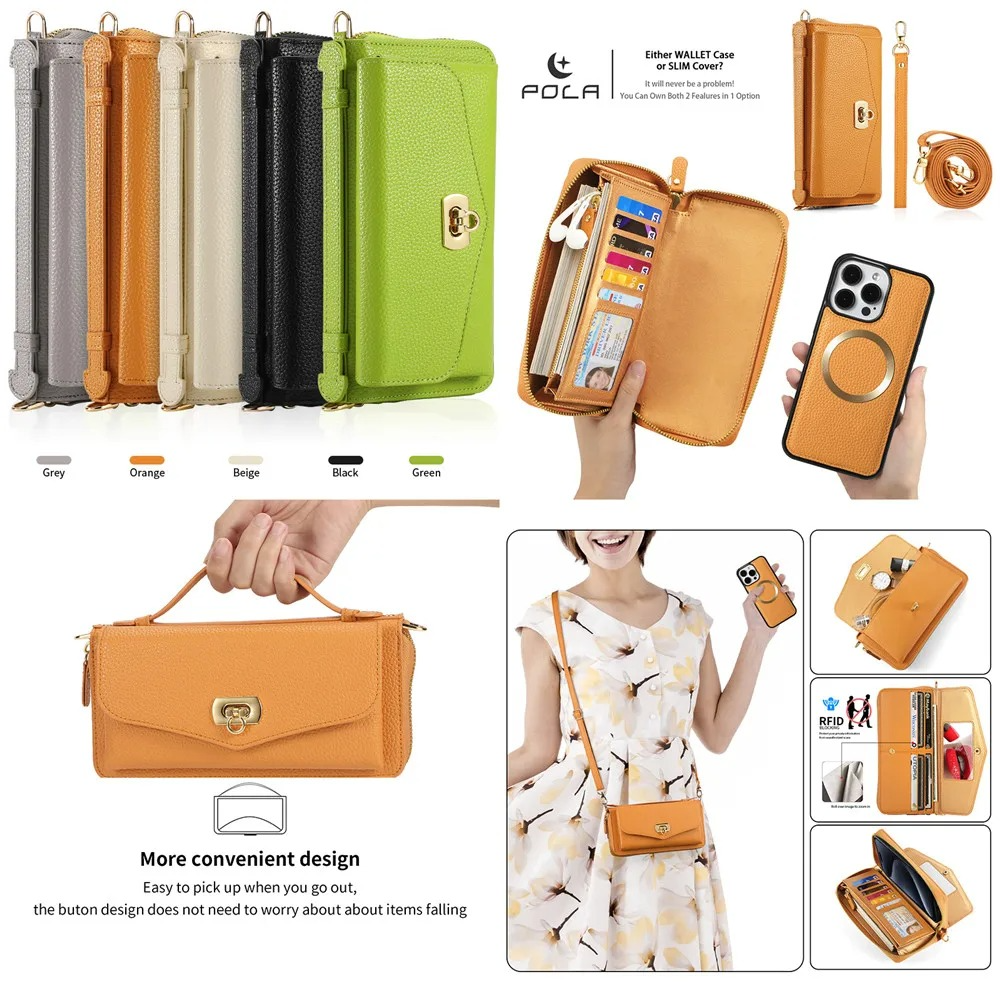 Luxury iPhone Case — 2-in-1 Detachable Leather Wallet Cover with Zipper Card Slot, Crossbody Lanyard, Magnetic Closure and Dual-Layer Protective Design