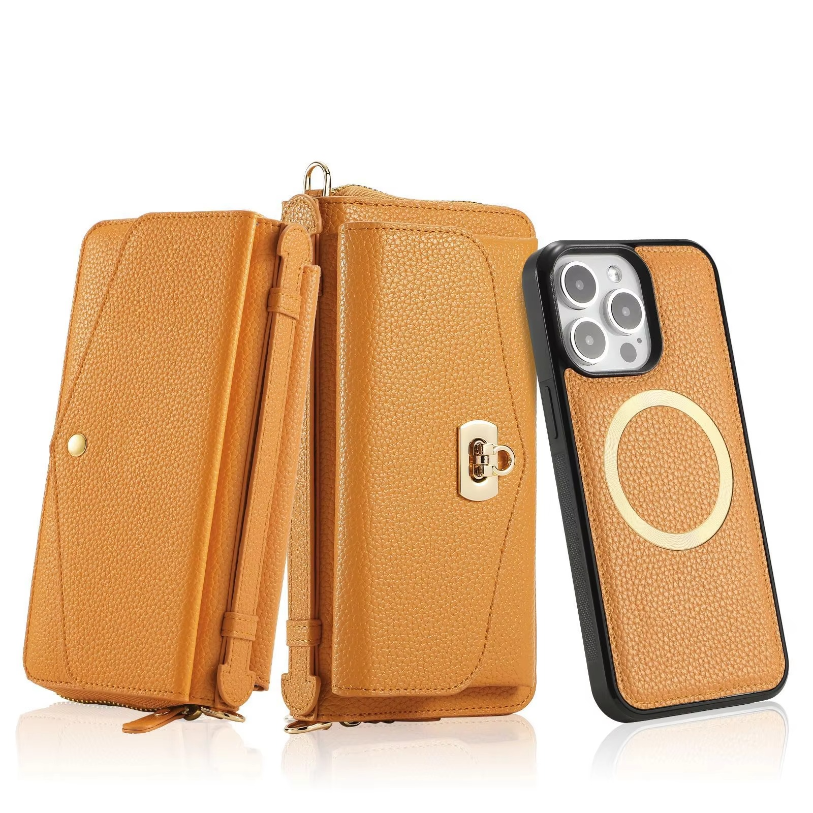 Luxury iPhone Case — 2-in-1 Detachable Leather Wallet Cover with Zipper Card Slot, Crossbody Lanyard, Magnetic Closure and Dual-Layer Protective Design