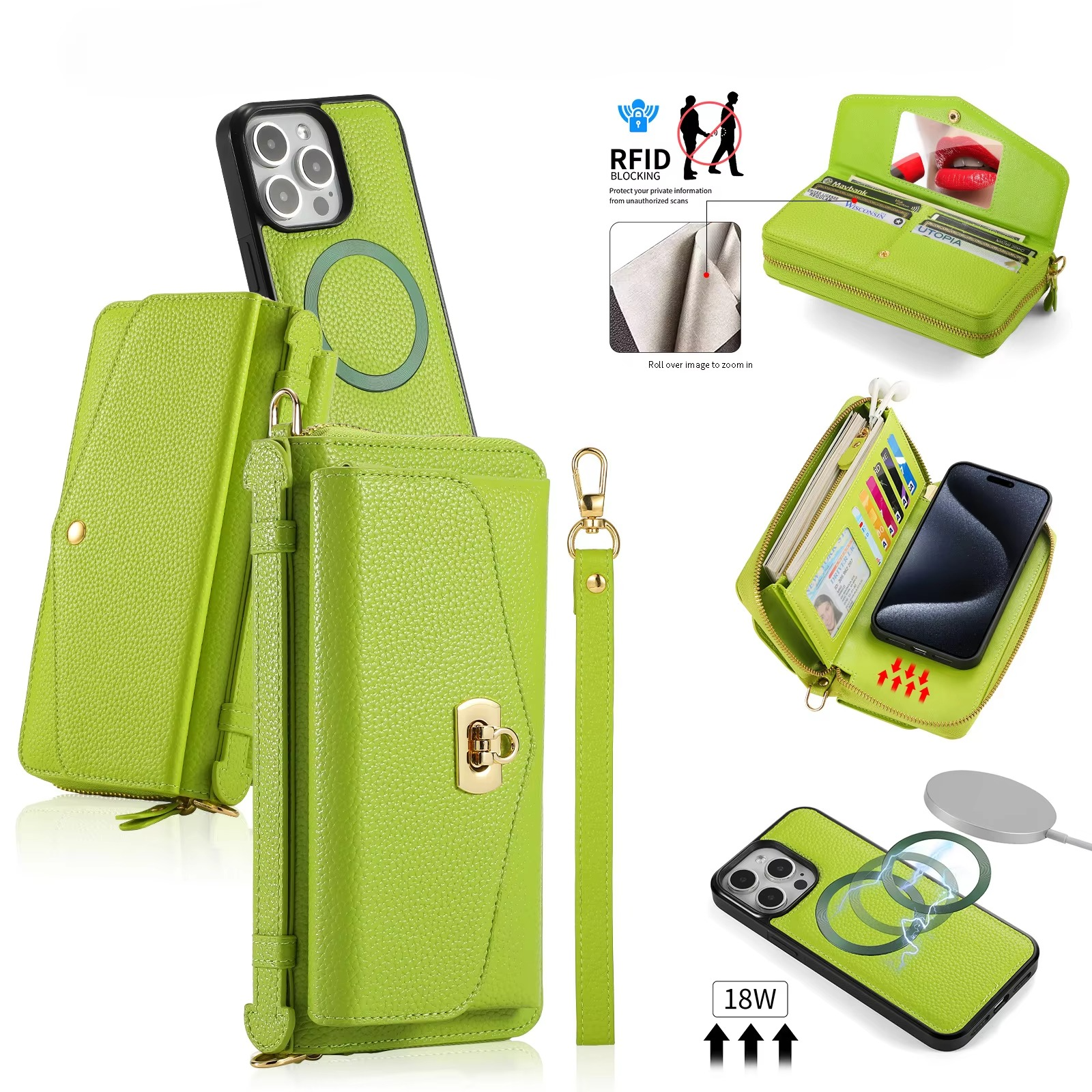 Luxury iPhone Case — 2-in-1 Detachable Leather Wallet Cover with Zipper Card Slot, Crossbody Lanyard, Magnetic Closure and Dual-Layer Protective Design