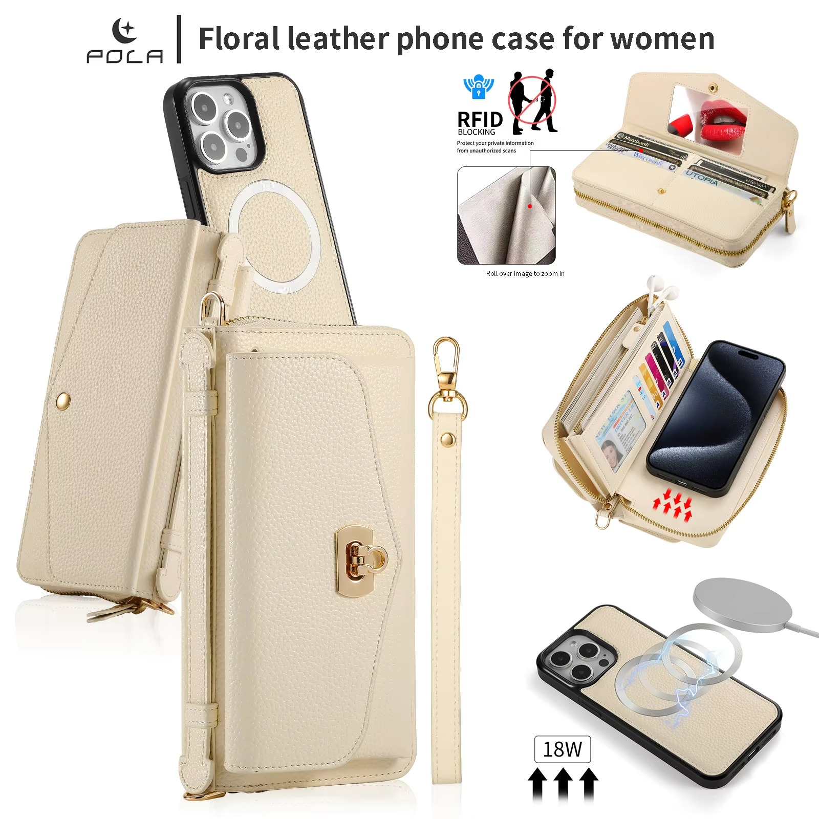 Luxury iPhone Case — 2-in-1 Detachable Leather Wallet Cover with Zipper Card Slot, Crossbody Lanyard, Magnetic Closure and Dual-Layer Protective Design