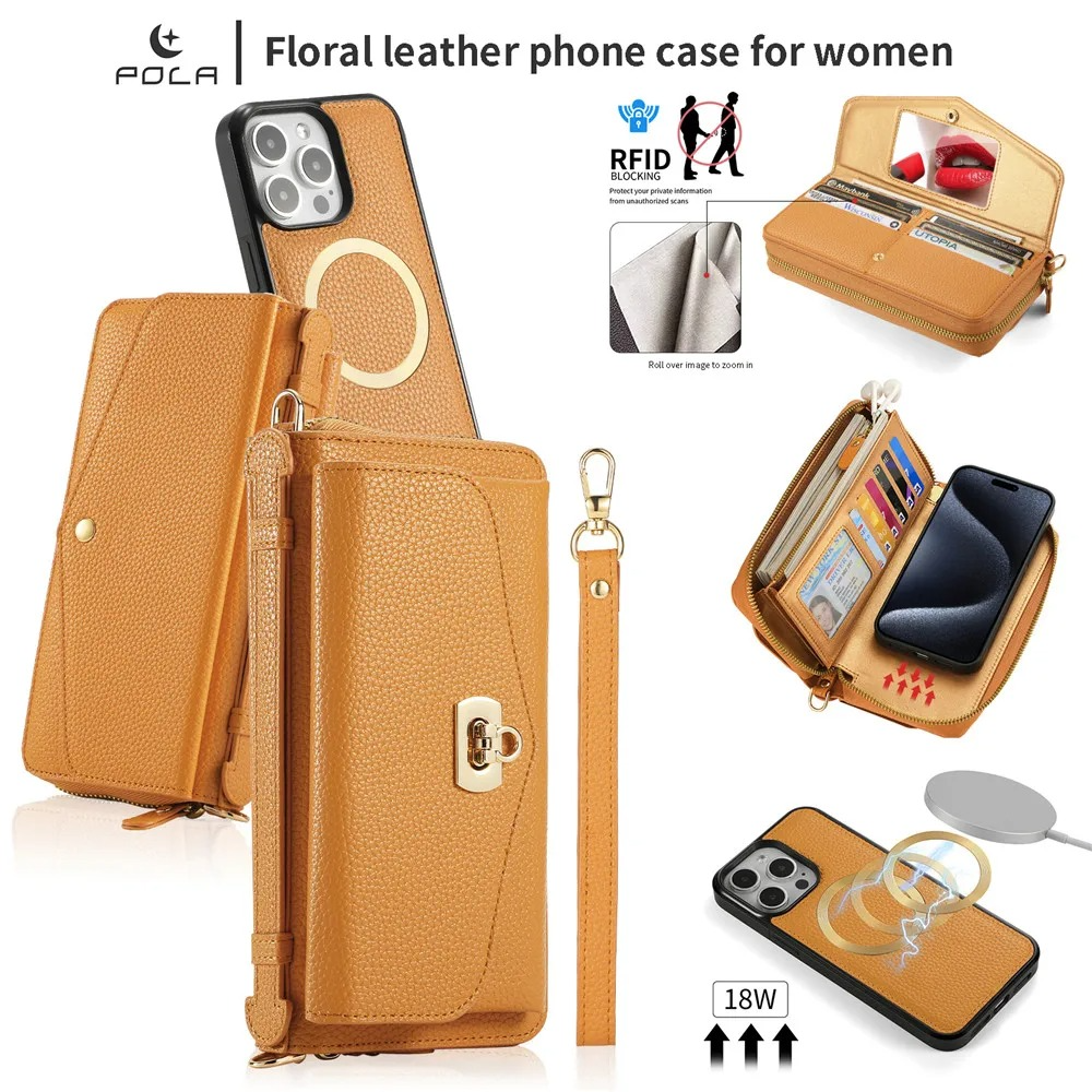 Luxury iPhone Case — 2-in-1 Detachable Leather Wallet Cover with Zipper Card Slot, Crossbody Lanyard, Magnetic Closure and Dual-Layer Protective Design