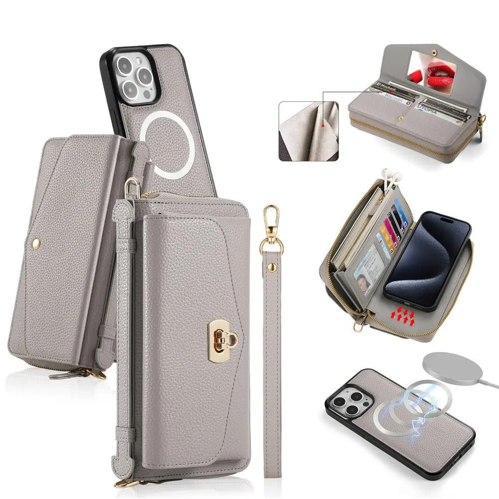 Luxury iPhone Case — 2-in-1 Detachable PU Leather Wallet Cover with Zipper Card Slot, Magnetic Closure, Crossbody Lanyard and Dual-Layer Protection