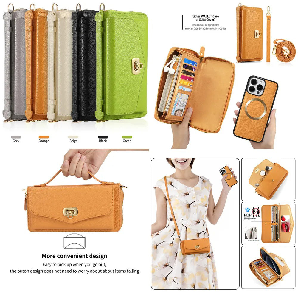 Luxury iPhone Case — 2-in-1 Detachable PU Leather Wallet Cover with Zipper Card Slot, Magnetic Closure, Crossbody Lanyard and Dual-Layer Protection