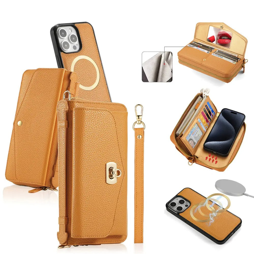 Luxury iPhone Case — 2-in-1 Detachable PU Leather Wallet Cover with Zipper Card Slot, Magnetic Closure, Crossbody Lanyard and Dual-Layer Protection