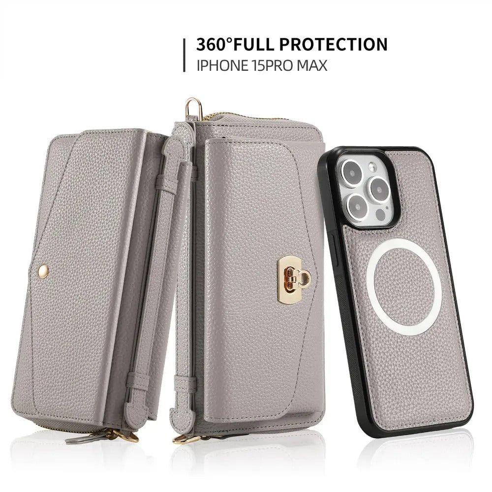 Luxury iPhone Case — 2-in-1 Detachable PU Leather Wallet Cover with Zipper Card Slot, Magnetic Closure, Crossbody Lanyard and Dual-Layer Protection