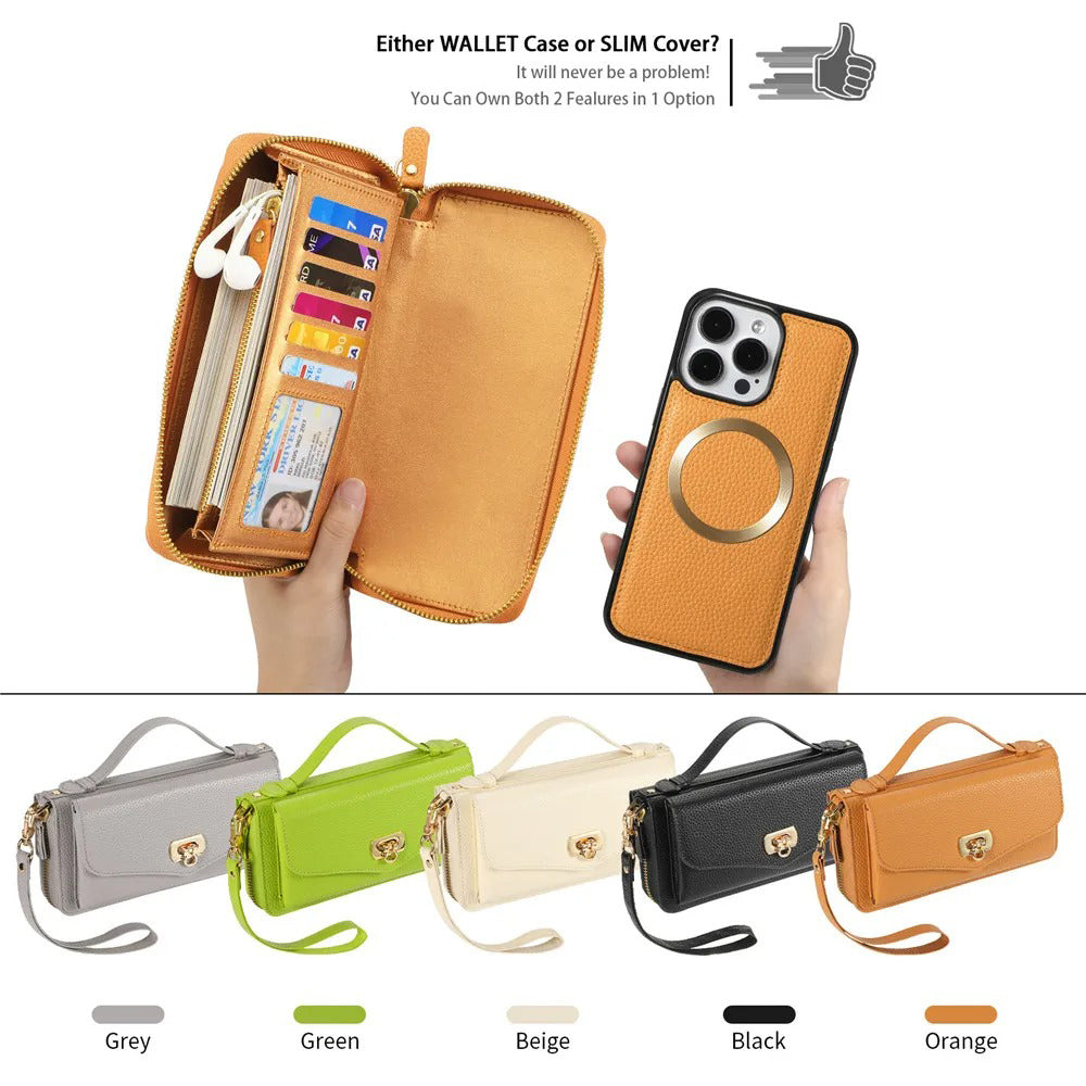 Luxury iPhone Case — 2-in-1 Detachable PU Leather Wallet Cover with Zipper Card Slot, Magnetic Closure, Crossbody Lanyard and Dual-Layer Protection