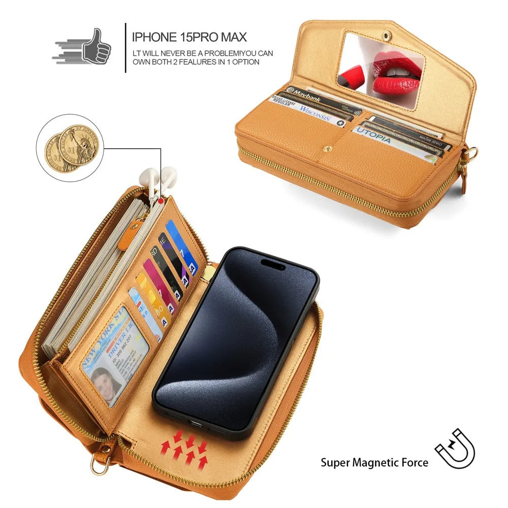 Luxury iPhone Case — 2-in-1 Detachable PU Leather Wallet Cover with Zipper Card Slot, Magnetic Closure, Crossbody Lanyard and Dual-Layer Protection