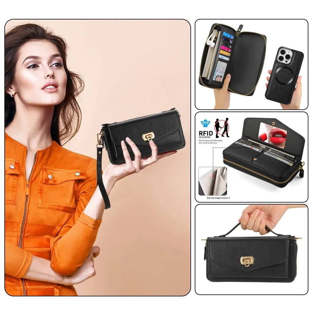 Luxury iPhone Case — 2-in-1 Detachable PU Leather Wallet Cover with Zipper Card Slot, Magnetic Closure, Crossbody Lanyard and Dual-Layer Protection