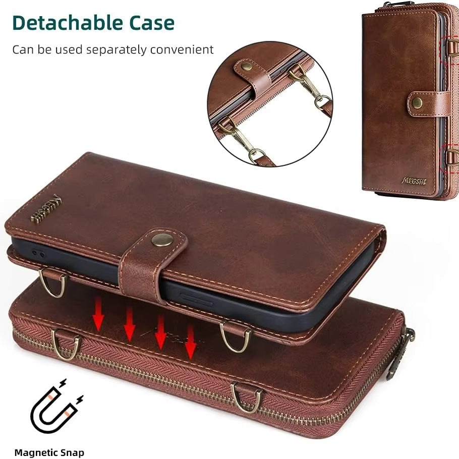 Luxury iPhone Case — 2-in-1 Detachable PU Leather Wallet Cover with Zipper Purse, Magnetic Flip Clasp, Heavy-Duty Dual-Layer Protection and Lanyard