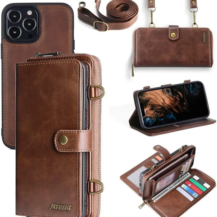 Luxury iPhone Case — 2-in-1 Detachable PU Leather Wallet Cover with Zipper Purse, Magnetic Flip Clasp, Heavy-Duty Dual-Layer Protection and Lanyard