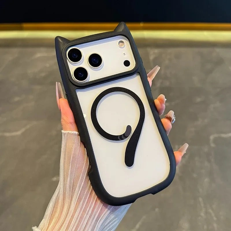 Luxury iPhone Case — 3D Cat Ear MagSafe TPU Cover with Shockproof Protection, Anti-Fingerprint Anti-Scratch Dustproof Non-Slip Transparent Design