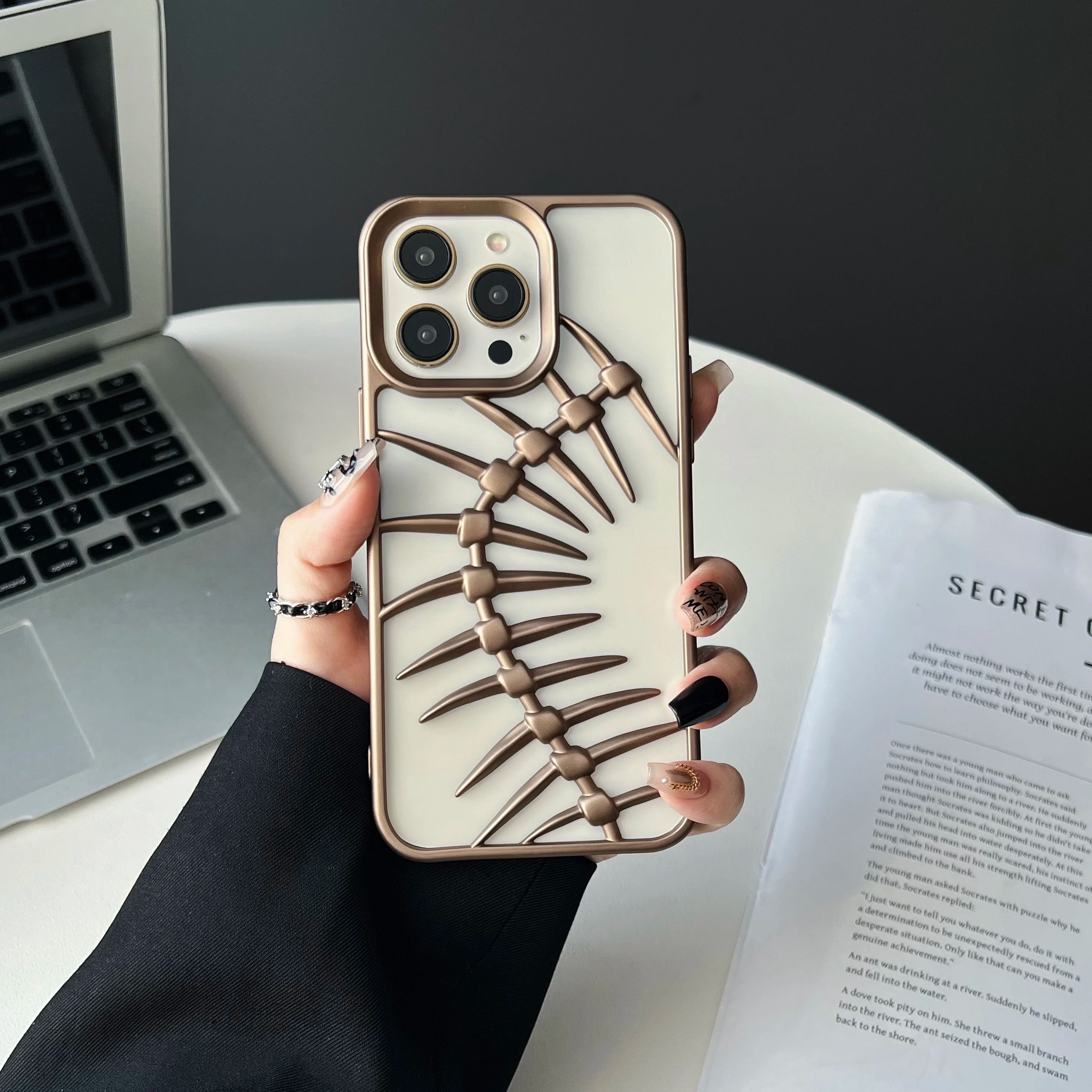 Luxury iPhone Case — 3D Plating Fish Bone Hollow Armor Cover with Heat Dissipation, Matte Anti-Glare Shockproof Protective Design