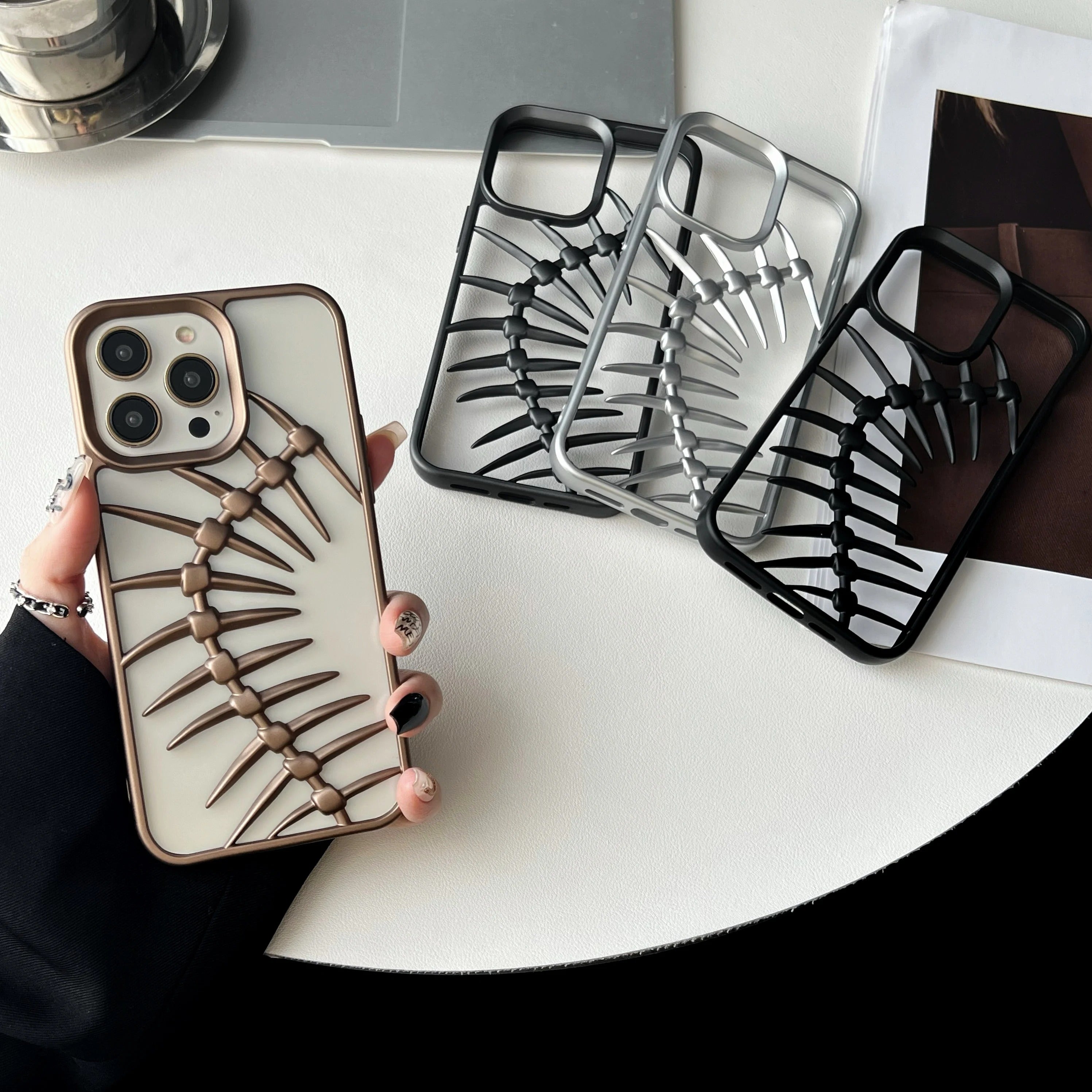 Luxury iPhone Case — 3D Plating Fish Bone Hollow Armor Cover with Heat Dissipation, Matte Anti-Glare Shockproof Protective Design