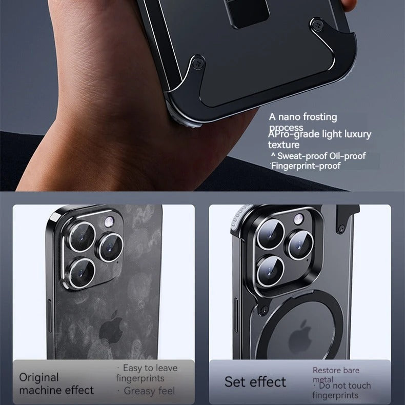 Luxury iPhone Case — Aluminum Alloy Rimless Magnetic Stand Cover with Metal Lens Protection, Frosted Matte Back & Shockproof Design