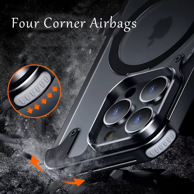 Luxury iPhone Case — Aluminum Alloy Rimless Magnetic Stand Cover with Metal Lens Protection, Frosted Matte Back & Shockproof Design