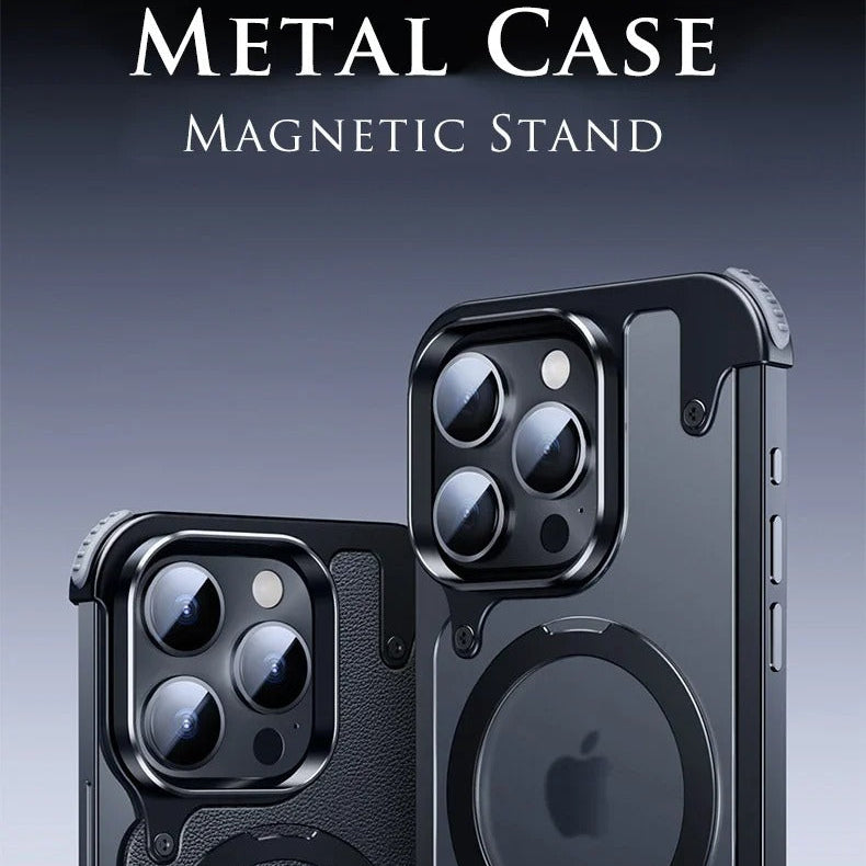 Luxury iPhone Case — Aluminum Alloy Rimless Magnetic Stand Cover with Metal Lens Protection, Frosted Matte Back & Shockproof Design