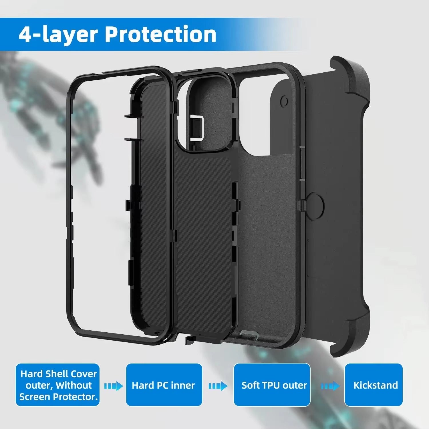 Luxury iPhone Case — Armor Box Dual-Layer PC+TPU Protective Cover with Belt Clamp, Heavy-Duty Shockproof Design, Kickstand and Matte Anti-Slip Finish