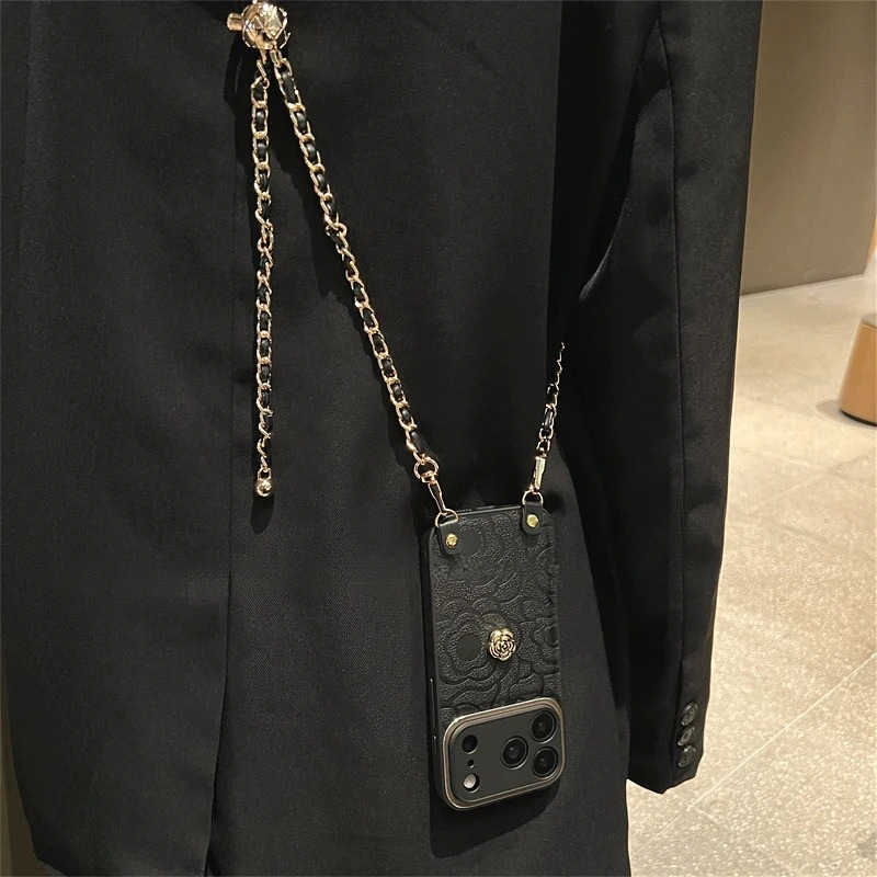 Luxury iPhone Case — Camellia Lens-Protection Cover with Decorative Chain, Shockproof PC+TPU Design and Anti-Fingerprint Non-Slip Finish