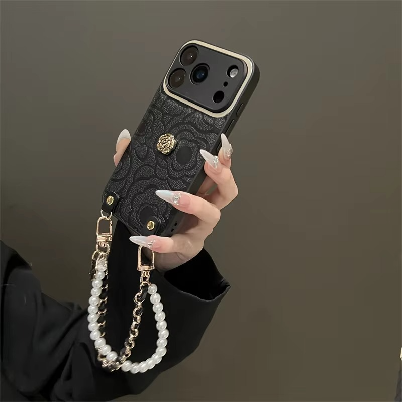 Luxury iPhone Case — Camellia Lens-Protection Cover with Decorative Chain, Shockproof PC+TPU Design and Anti-Fingerprint Non-Slip Finish