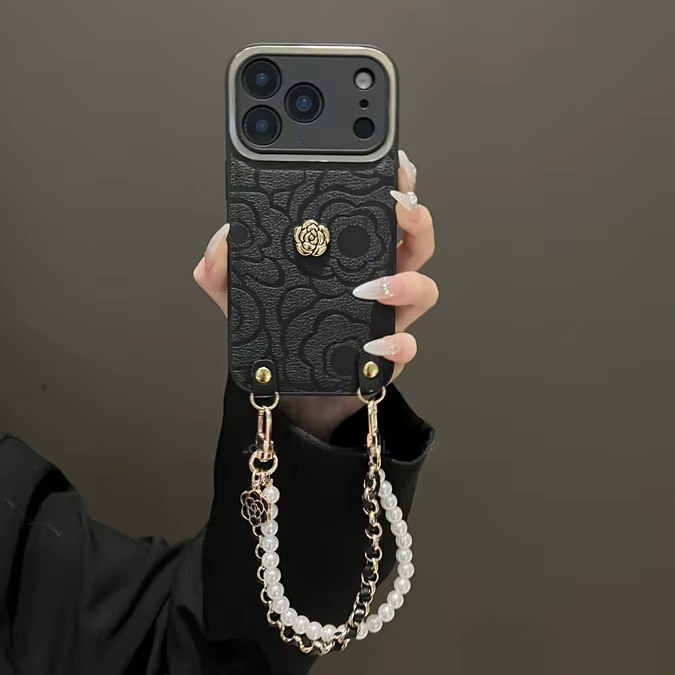 Luxury iPhone Case — Camellia Lens-Protection Cover with Decorative Chain, Shockproof PC+TPU Design and Anti-Fingerprint Non-Slip Finish