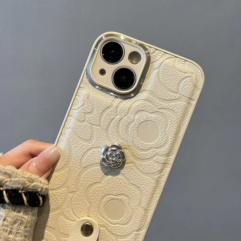 Luxury iPhone Case — Camellia Lens-Protection Cover with Decorative Chain, Shockproof PC+TPU Design and Anti-Fingerprint Non-Slip Finish