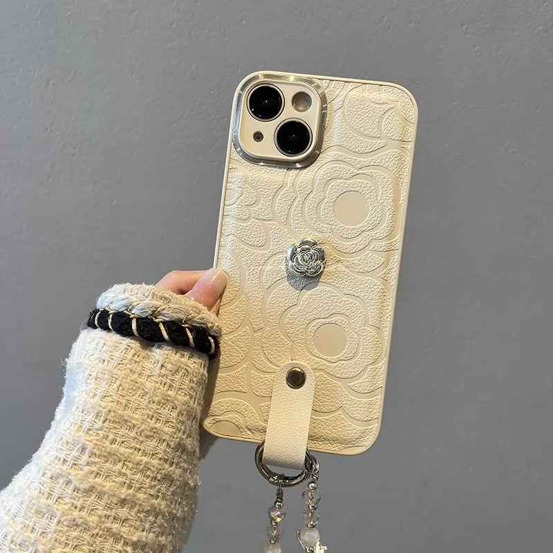 Luxury iPhone Case — Camellia Lens-Protection Cover with Decorative Chain, Shockproof PC+TPU Design and Anti-Fingerprint Non-Slip Finish