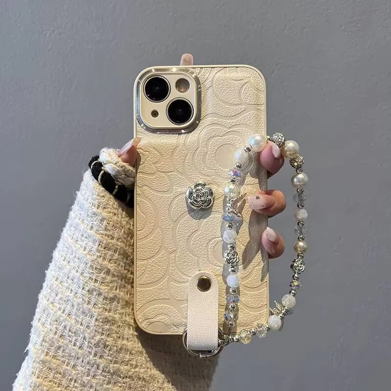 Luxury iPhone Case — Camellia Lens-Protection Cover with Decorative Chain, Shockproof PC+TPU Design and Anti-Fingerprint Non-Slip Finish