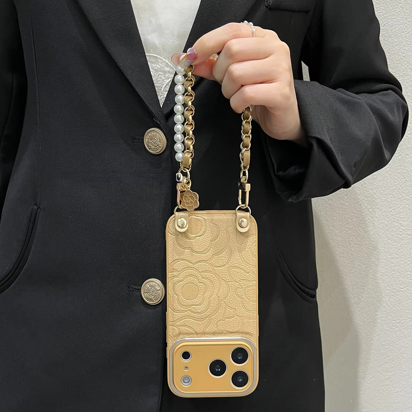 Luxury iPhone Case — Camellia Lens-Protection Cover with Decorative Chain, Shockproof PC+TPU Design and Anti-Fingerprint Non-Slip Finish