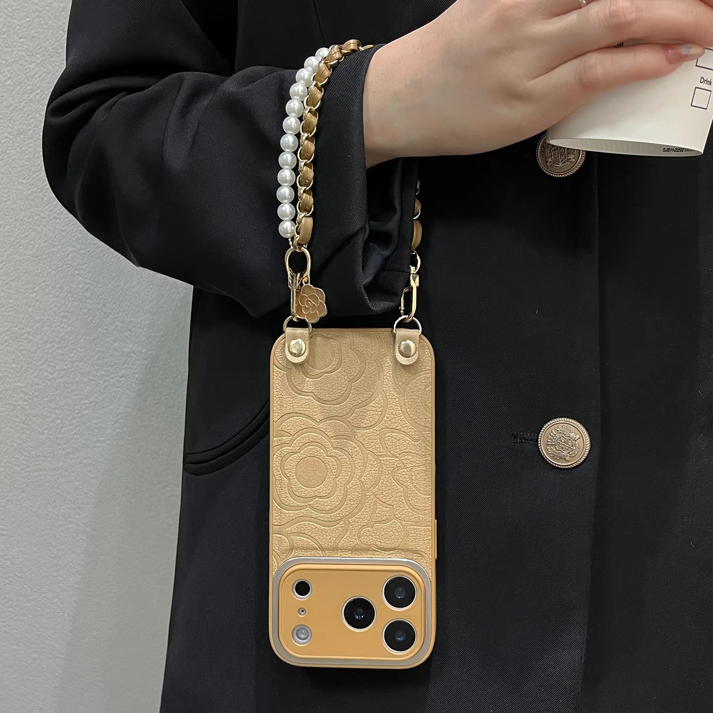 Luxury iPhone Case — Camellia Lens-Protection Cover with Decorative Chain, Shockproof PC+TPU Design and Anti-Fingerprint Non-Slip Finish