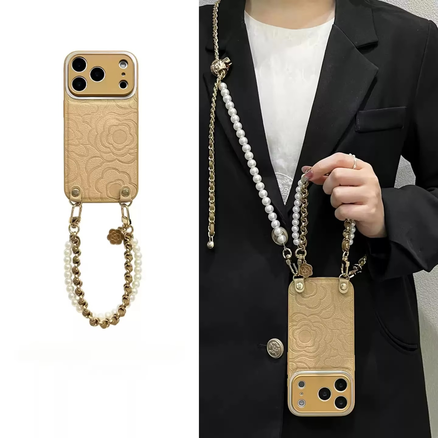 Luxury iPhone Case — Camellia Lens-Protection Cover with Decorative Chain, Shockproof PC+TPU Design and Anti-Fingerprint Non-Slip Finish