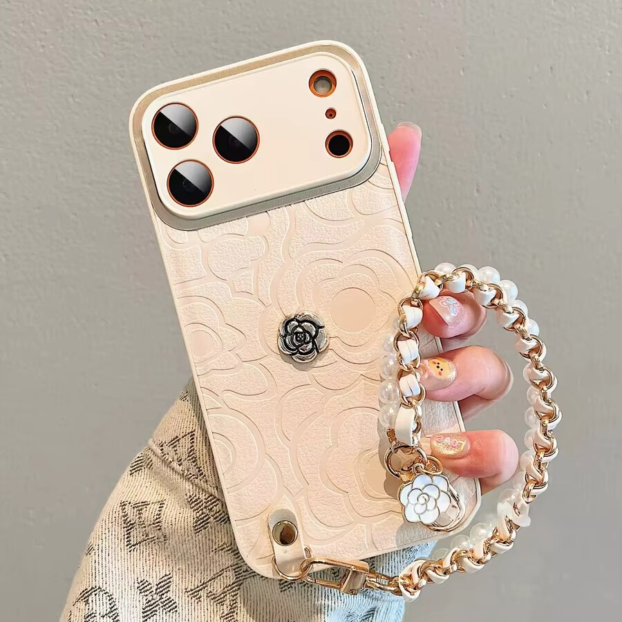 Luxury iPhone Case — Camellia Lens-Protection Cover with Decorative Chain, Shockproof PC+TPU Design and Anti-Fingerprint Non-Slip Finish