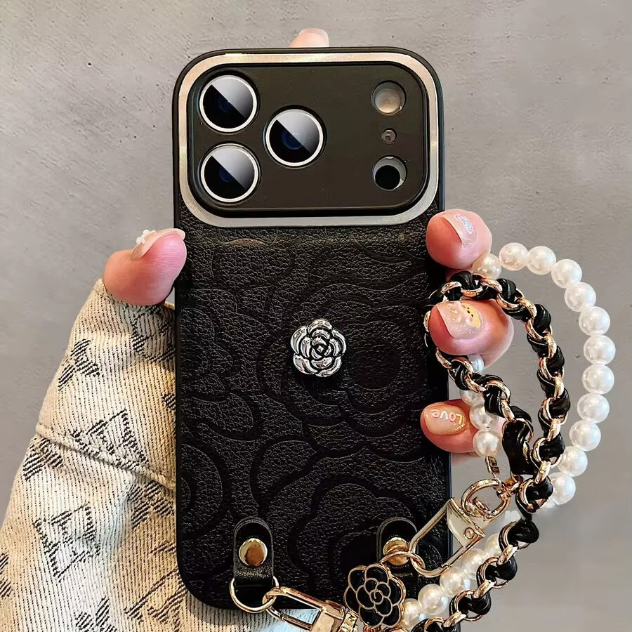 Luxury iPhone Case — Camellia Lens-Protection Cover with Decorative Chain, Shockproof PC+TPU Design and Anti-Fingerprint Non-Slip Finish