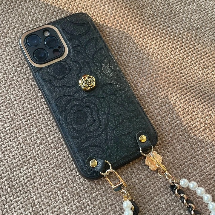 Luxury iPhone Case — Camellia Lens-Protection Cover with Decorative Chain, Shockproof PC+TPU Design and Anti-Fingerprint Non-Slip Finish