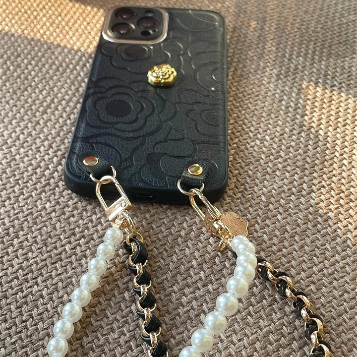 Luxury iPhone Case — Camellia Lens-Protection Cover with Decorative Chain, Shockproof PC+TPU Design and Anti-Fingerprint Non-Slip Finish