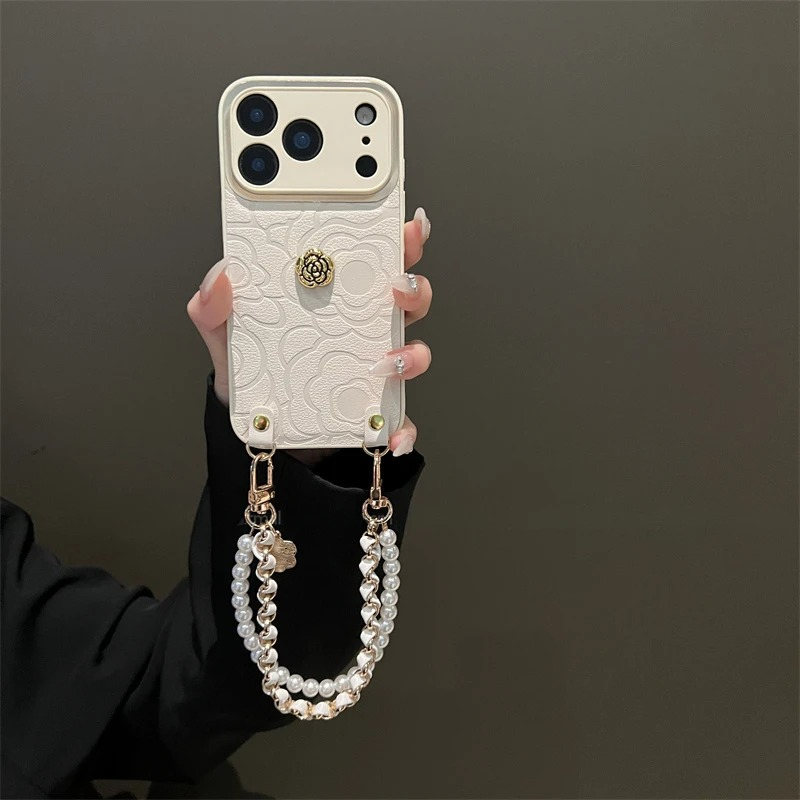 Luxury iPhone Case — Camellia Lens-Protection Cover with Decorative Chain, Shockproof PC+TPU Design and Anti-Fingerprint Non-Slip Finish
