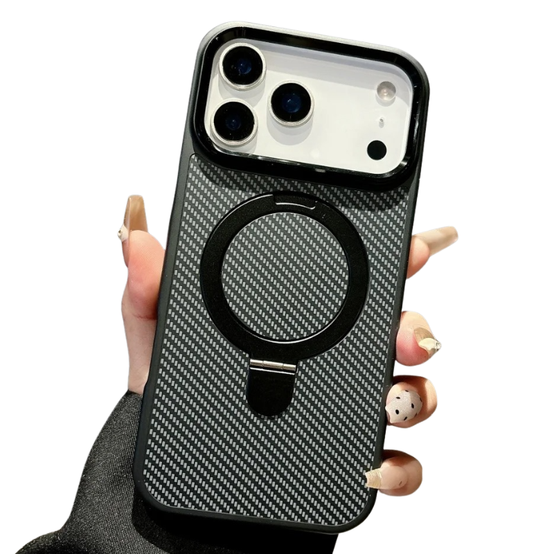 Luxury iPhone Case — Carbon Fiber Texture Magnetic Stand Holder Cover with Shockproof Half-Wrapped PC Design, Anti-Fingerprint and Screen Protection