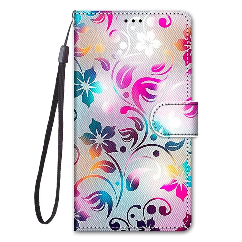 Luxury iPhone Case — Cartoon & Floral Flip Wallet Book Stand, Shockproof Leather Cover with Lanyard