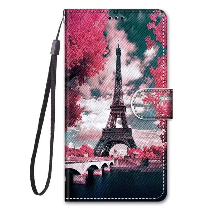 Luxury iPhone Case — Cartoon & Floral Flip Wallet Book Stand, Shockproof Leather Cover with Lanyard