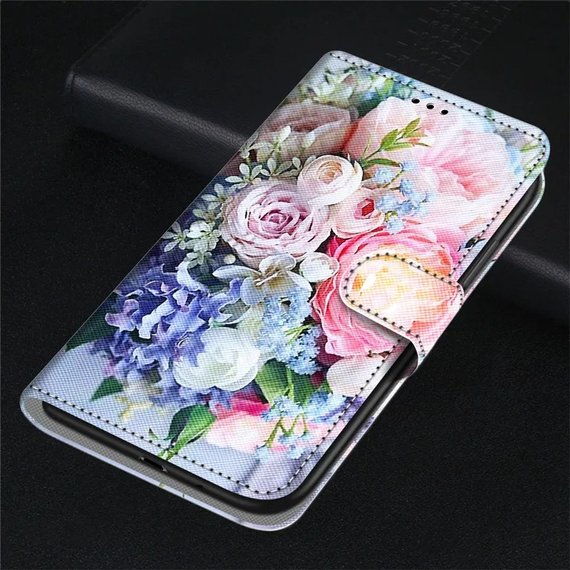 Luxury iPhone Case — Cartoon & Floral Flip Wallet Book Stand, Shockproof Leather Cover with Lanyard