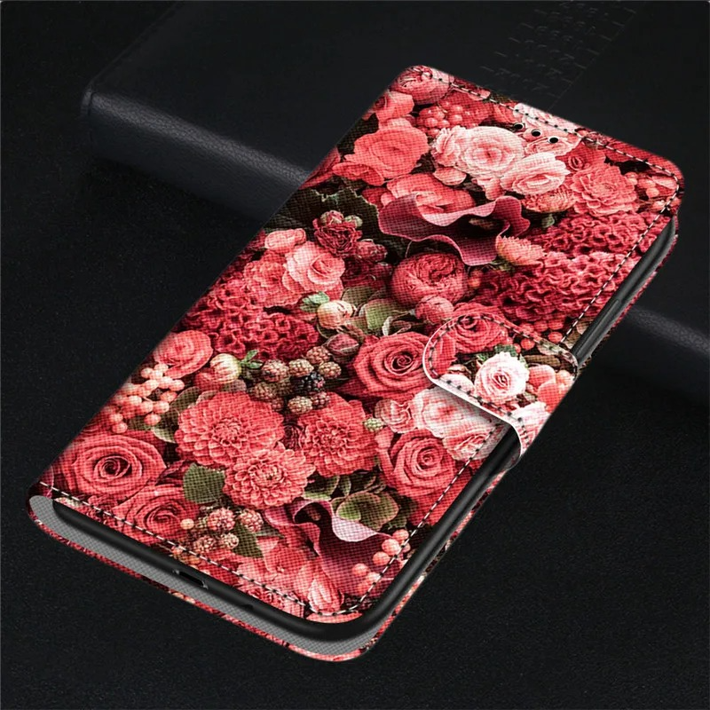 Luxury iPhone Case — Cartoon & Floral Flip Wallet Book Stand, Shockproof Leather Cover with Lanyard