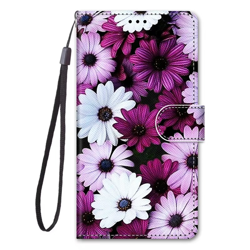 Luxury iPhone Case — Cartoon & Floral Flip Wallet Book Stand, Shockproof Leather Cover with Lanyard