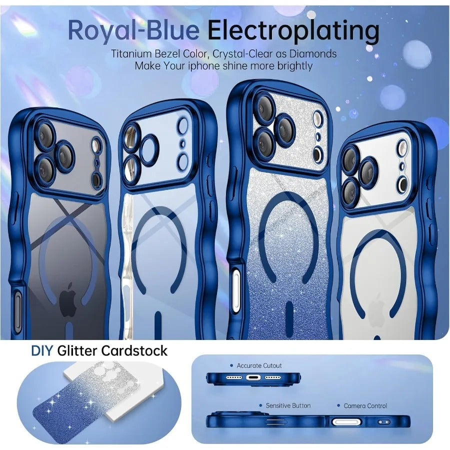 Luxury iPhone Case — Clear MagSafe-Compatible Cover with Full Camera Protection, Cute Wave Frame Design & DIY Glitter Style