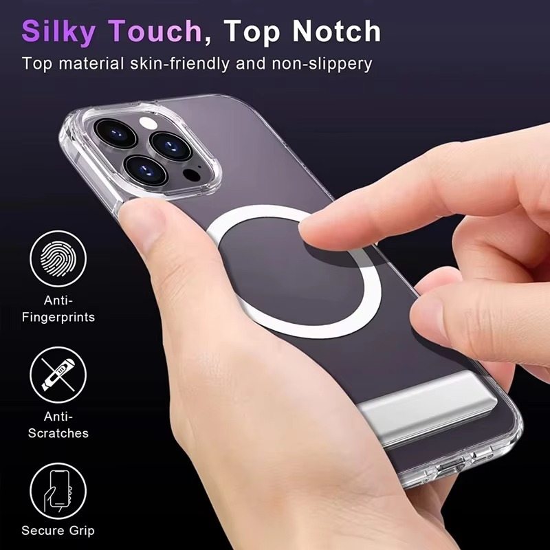 Luxury iPhone Case — Clear Magnetic Stand Cover with Built-In Kickstand, Waterproof Shockproof Protection & Lightweight Non-Slip Design
