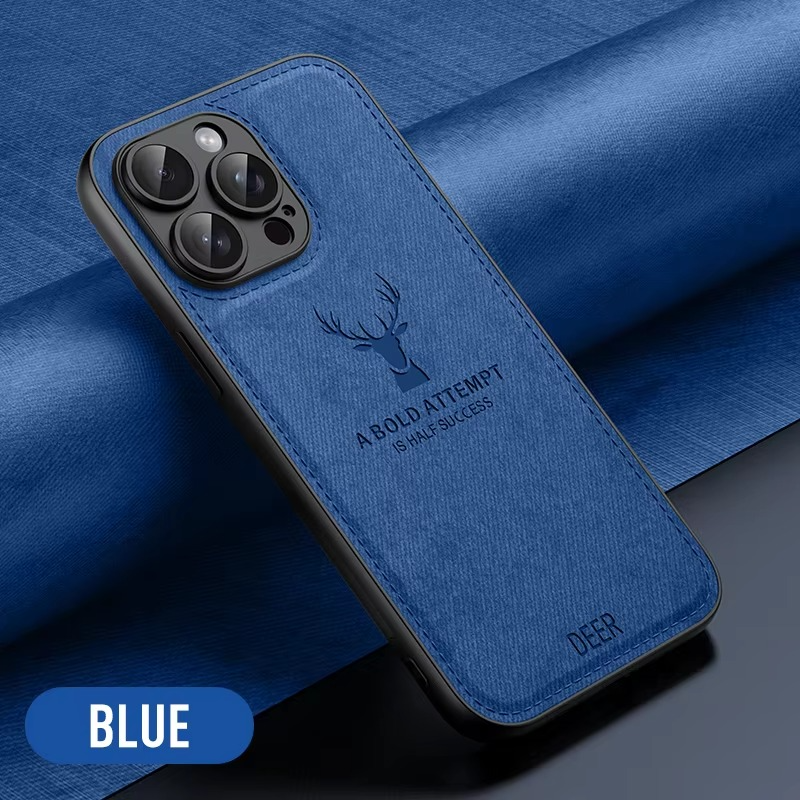 Luxury iPhone Case — Cloth Leather Deer Head Pattern Cover with Shockproof Soft Full-Coverage Protection, Anti-Fingerprint Matte Non-Slip Design